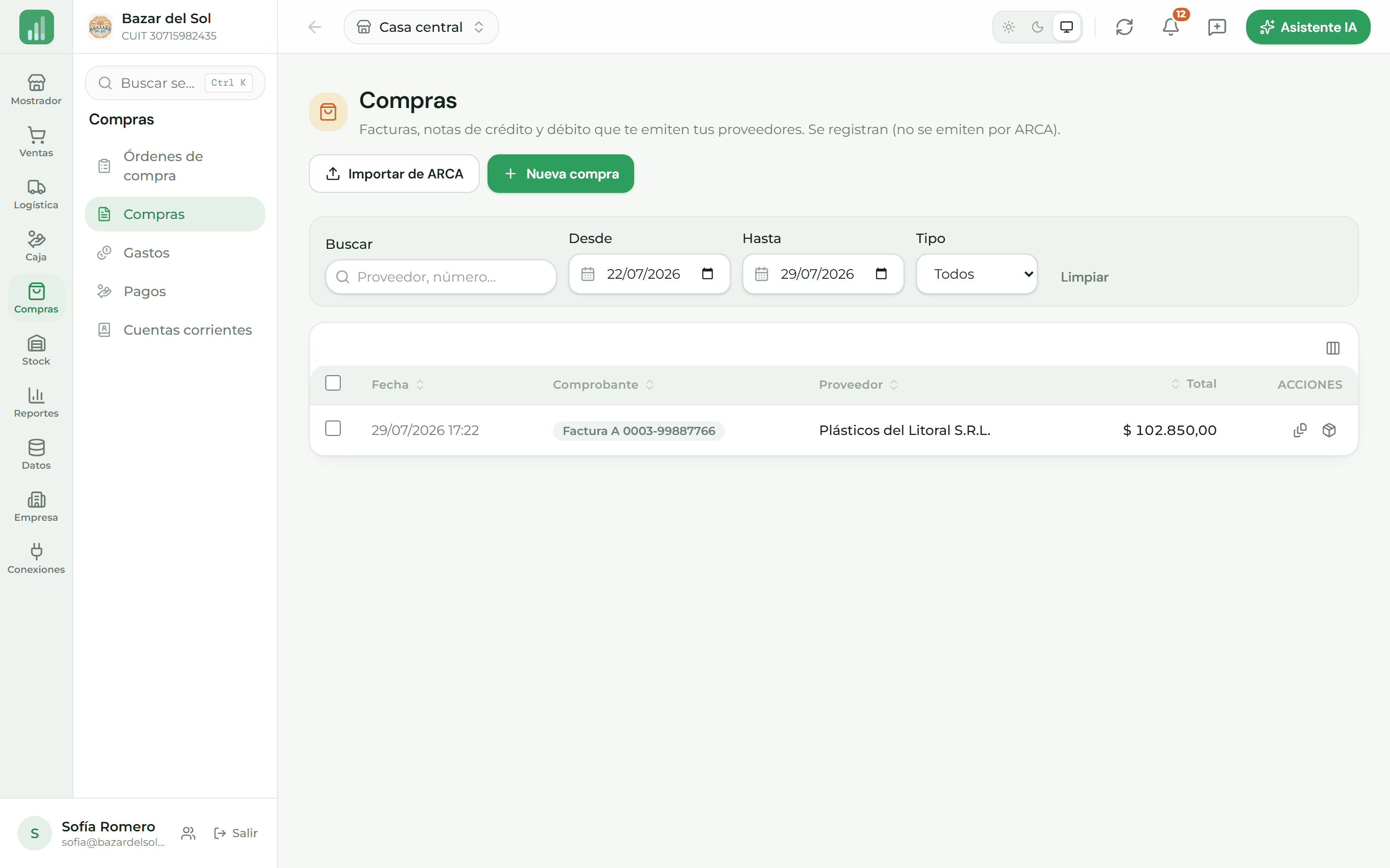 Listado de facturas de compra con proveedor, importe y estado
