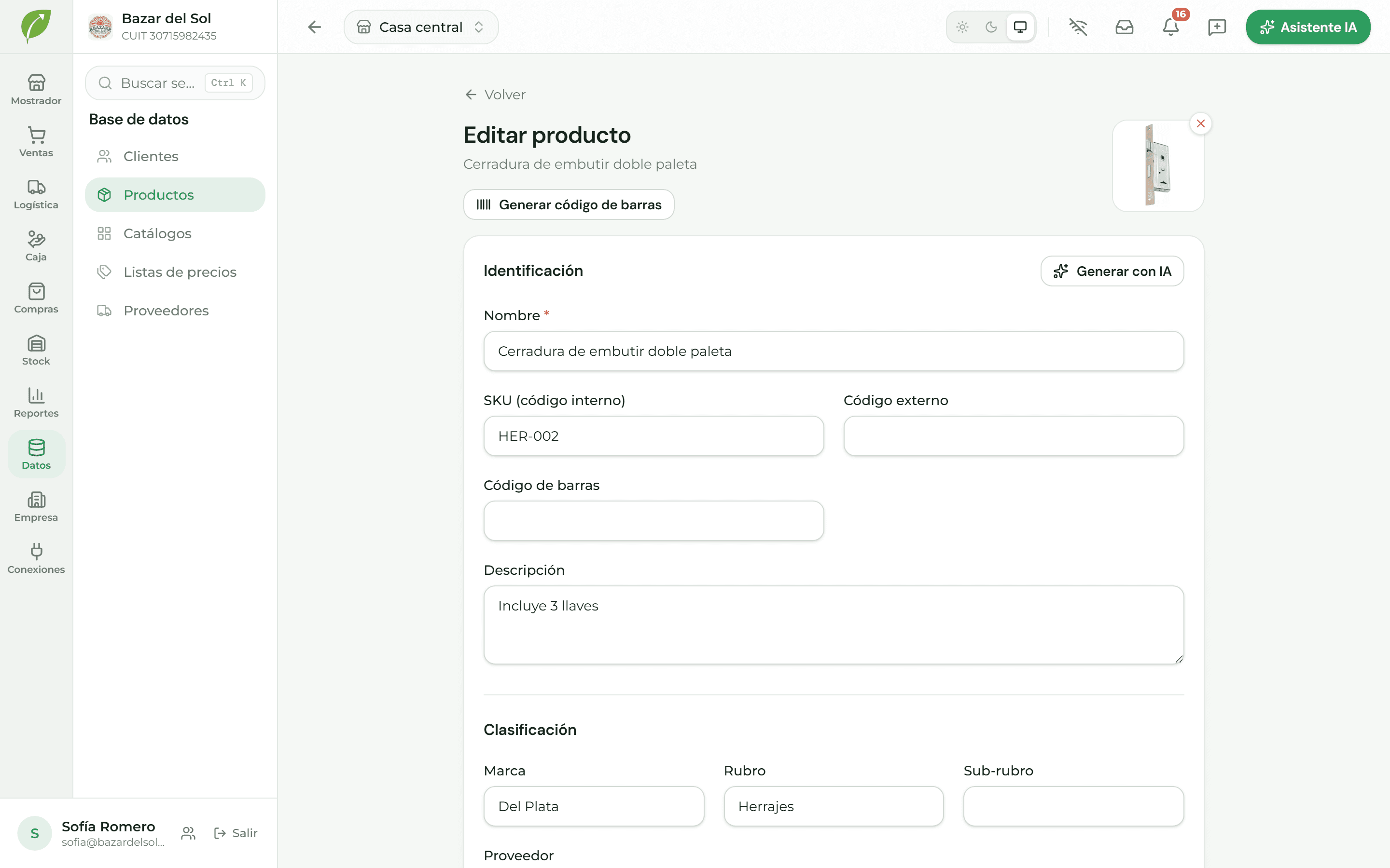 Formulario de producto con el botón "Generar con IA" para sugerir título y descripción