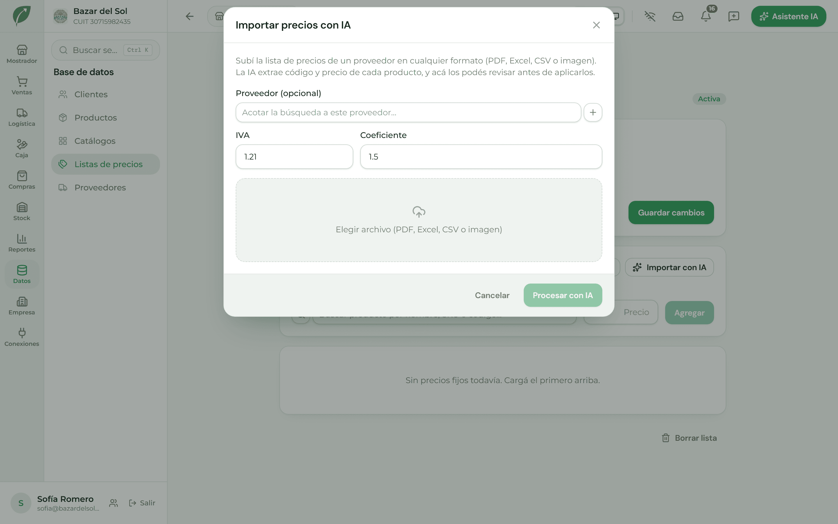 Modal de "Importar con IA" para cargar una lista de precios de proveedor desde un archivo
