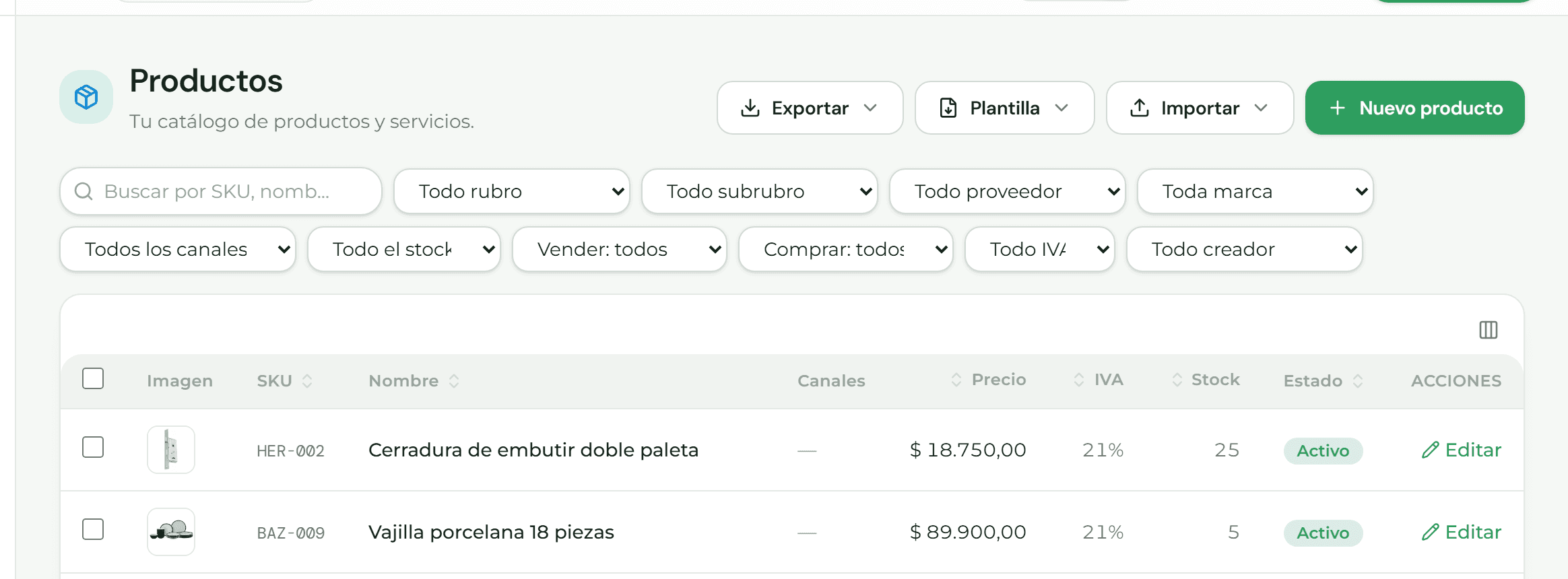 Listado de productos con el buscador y sus filtros