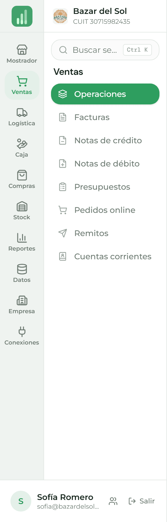 Menú lateral de Tilo con las áreas a la izquierda y las pantallas de Ventas desplegadas al lado
