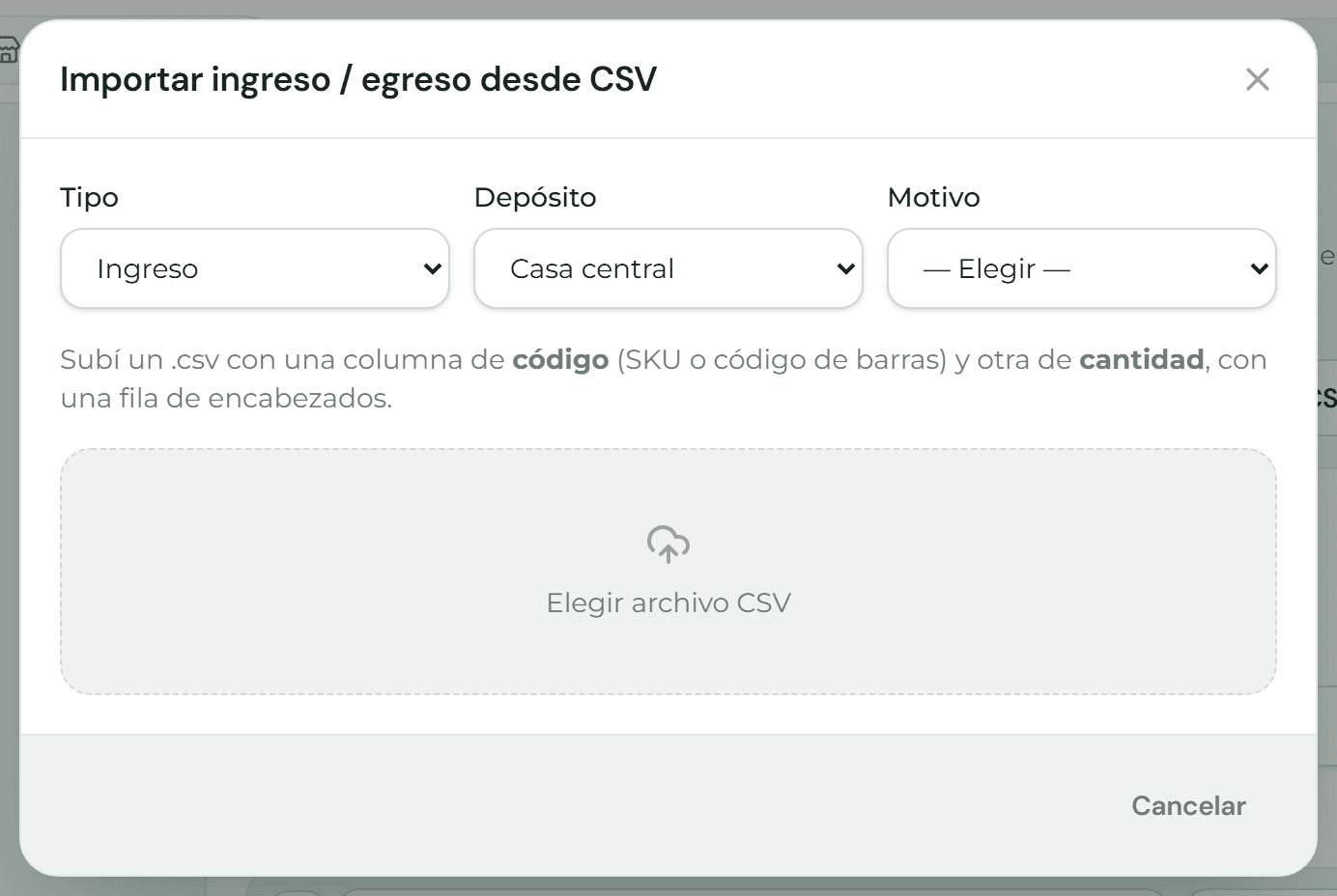 Diálogo para importar un ingreso o egreso de stock desde un archivo CSV, con tipo, depósito y motivo