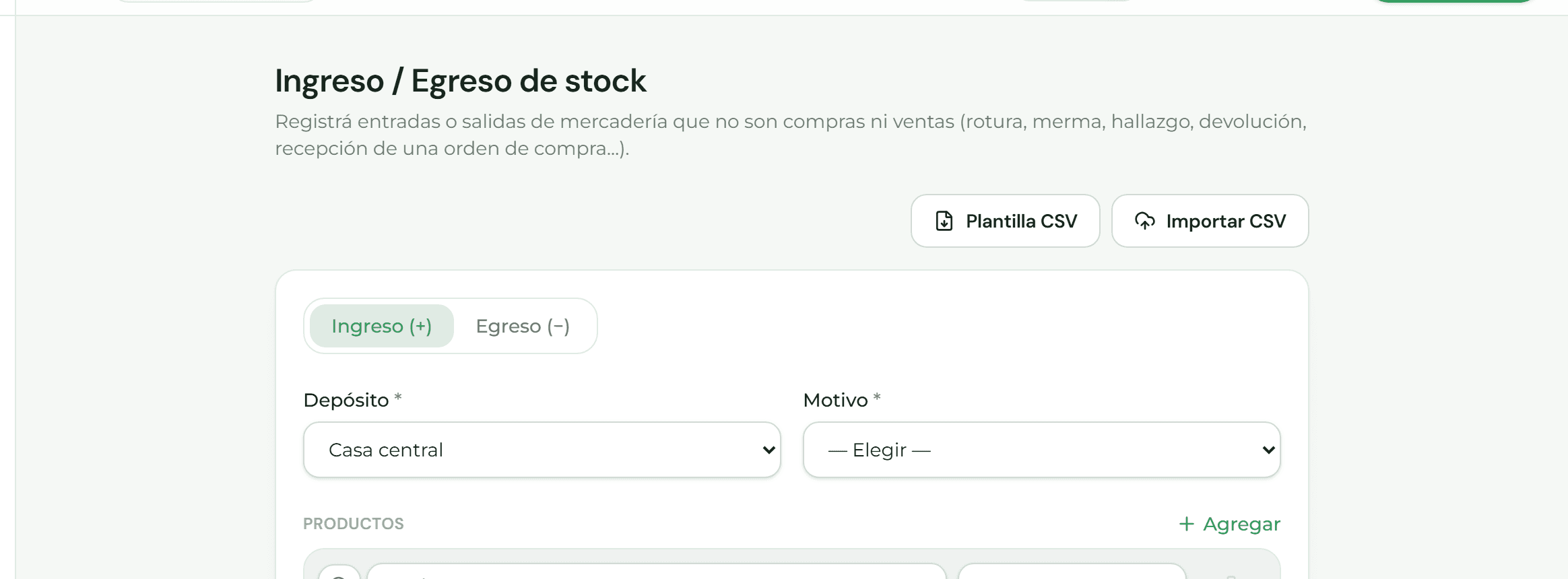 Pantalla de ingreso y egreso de stock con el selector de dirección y sus motivos