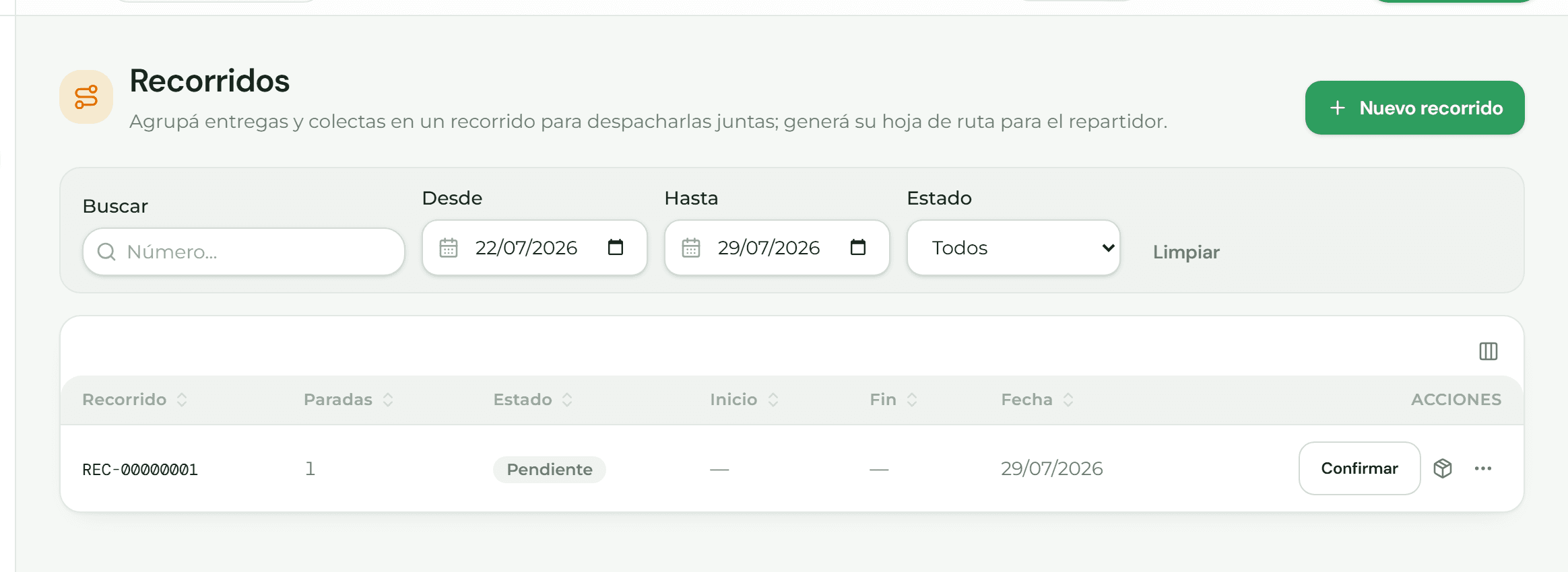 Armado de un recorrido con sus entregas y colectas