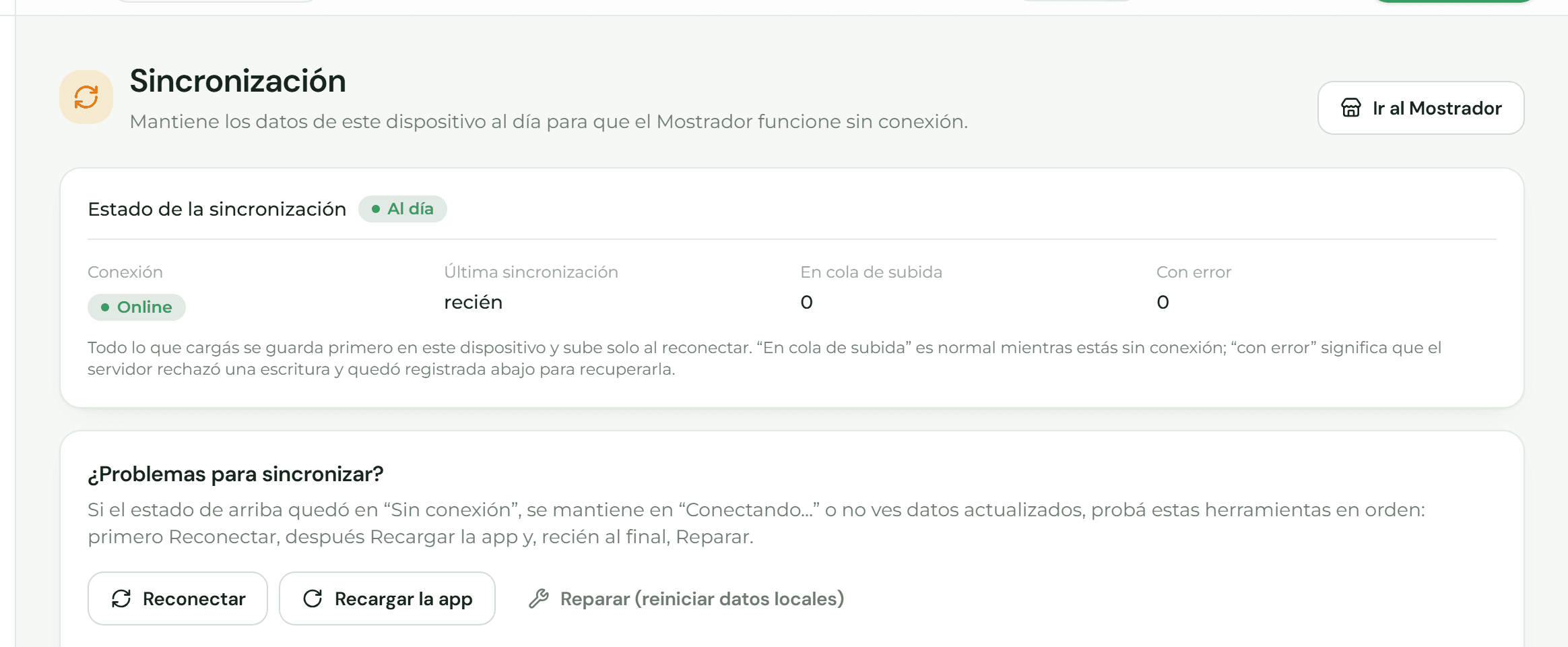 Sección Sincronización del Mostrador con el estado al día, la conexión y la última sincronización