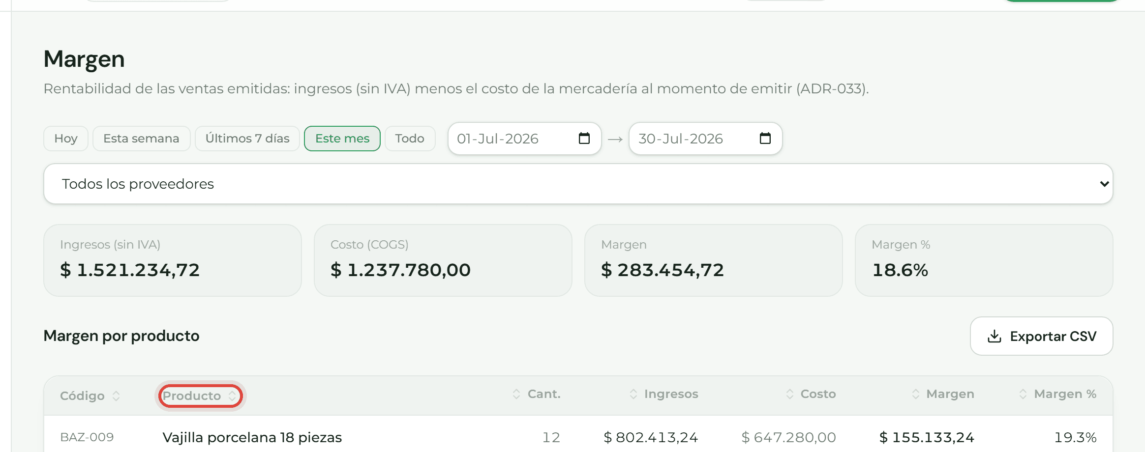Vista de Productos con el filtro por proveedor y las columnas ordenables, con "Producto" resaltado