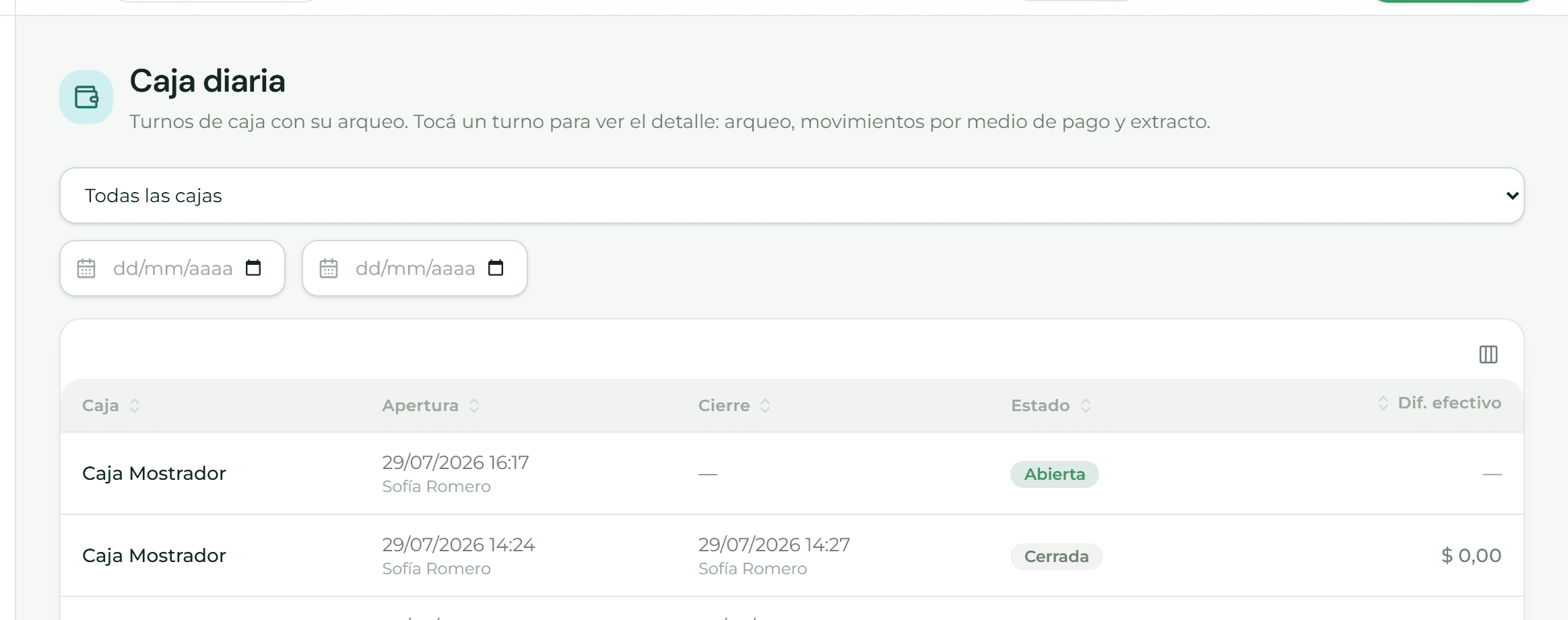 Listado de turnos de caja con su diferencia de arqueo