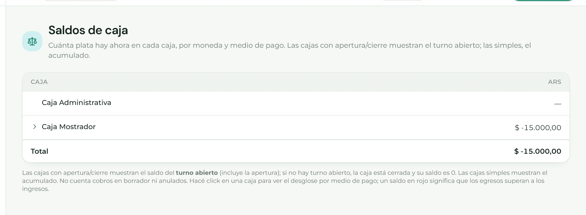 Saldos por caja y moneda, con el desglose por medio de pago