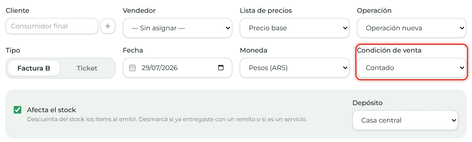 Encabezado del formulario de factura con el campo Condición de venta señalado