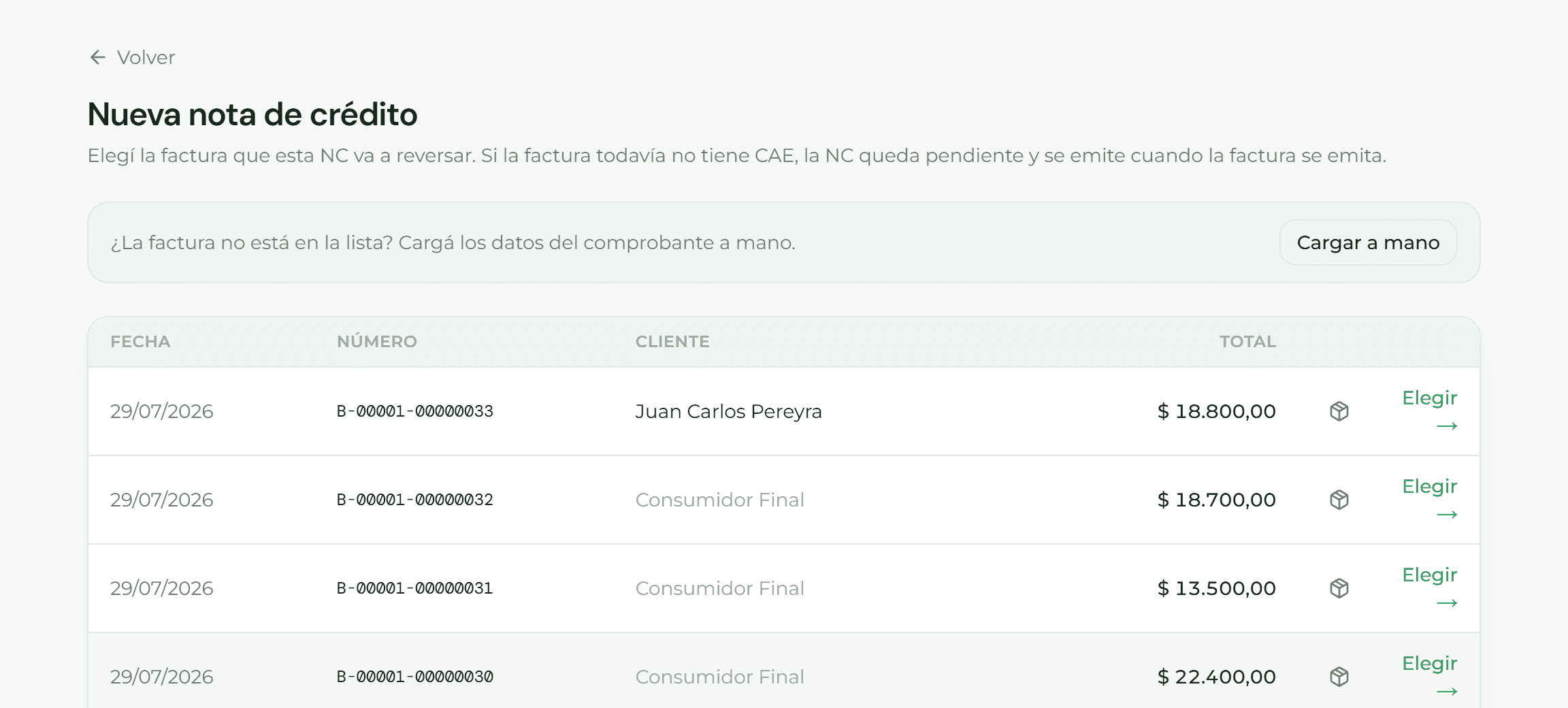 Pantalla Nueva nota de crédito con la lista de facturas y el botón Elegir en cada fila