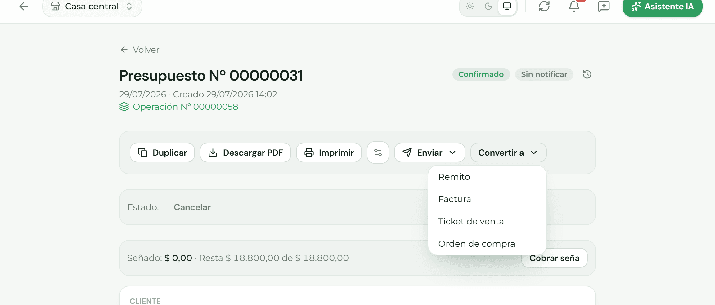 Detalle de un presupuesto con el menú Convertir a desplegado: Remito, Factura, Ticket de venta y Orden de compra