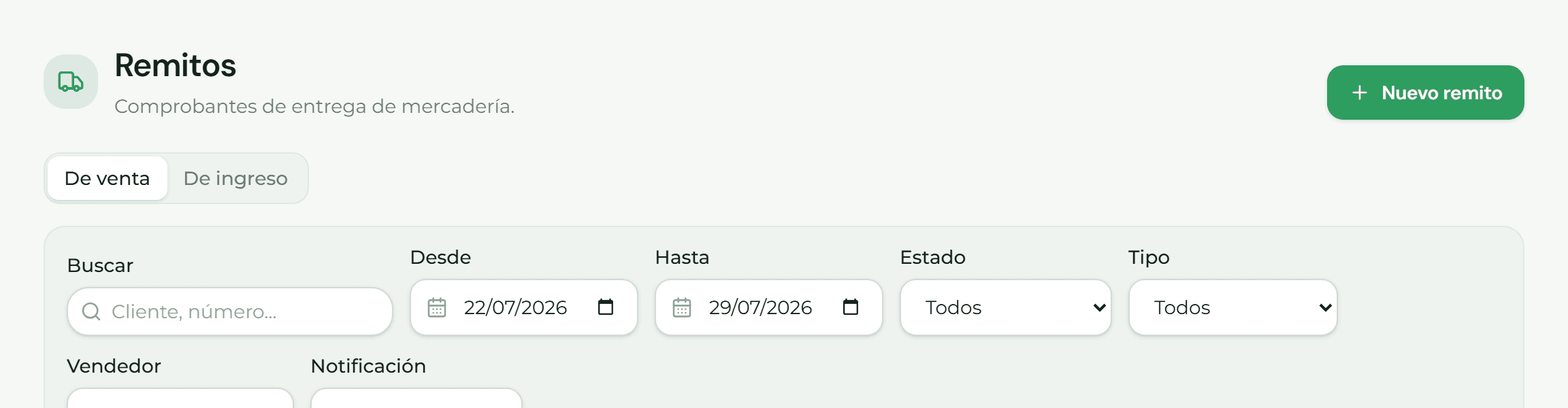 Encabezado de la pantalla Remitos con el interruptor entre De venta y De ingreso